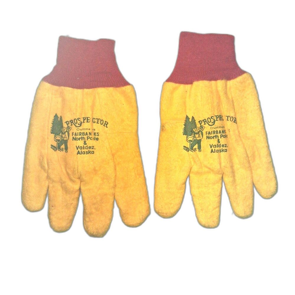 Vintage Prospector Outfitters Alaska Work Gloves Yellow Knit Red Cuff Unused XL